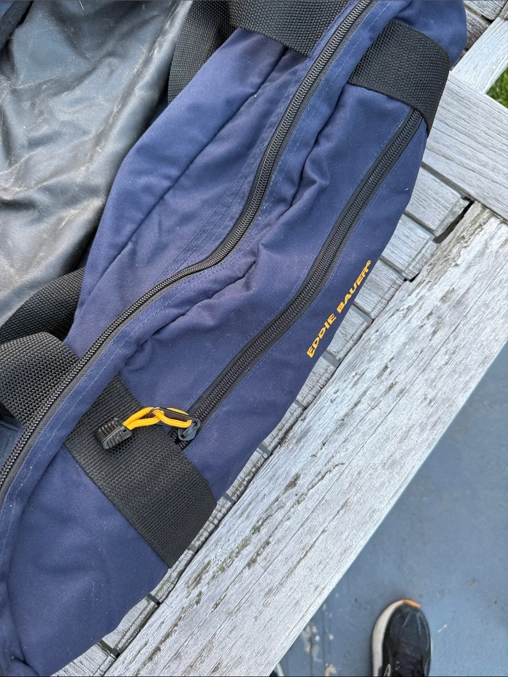 Eddie Bauer Navy Duffel with Yellow Zipper Pulls
